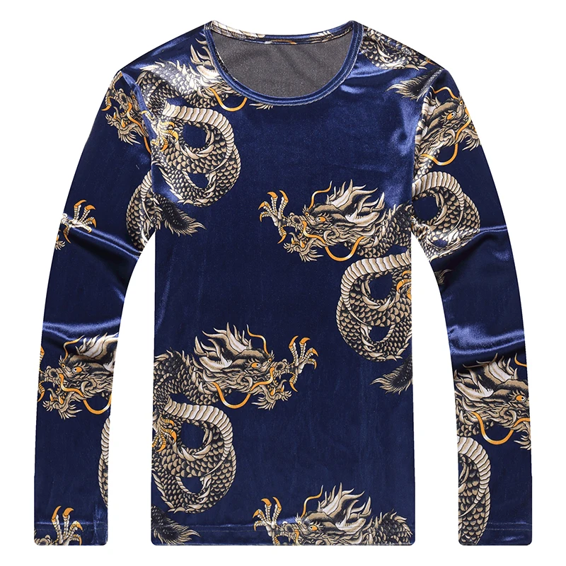 2018 Autumn Fashion Clothing For Men T Shirts Long Sleeve Dragon Pattern T-Shirt Casual Pleuche Man Tops Spring Tees Black  (2)
