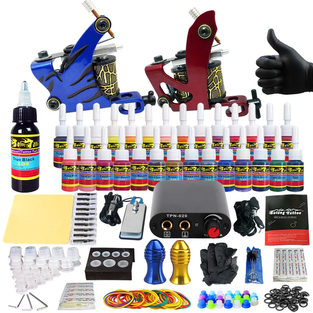 

Solong Tattoo Complete Tattoo Kit for Beginner Starter 2 Pro Machine Guns 28 Inks Power Supply Needle Grips Tips TK204-4