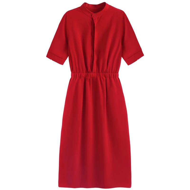 

PERHAPS U red black stand collar button pocket short sleeve split midi dress mid calf solid summer chiffon pencil work D0397