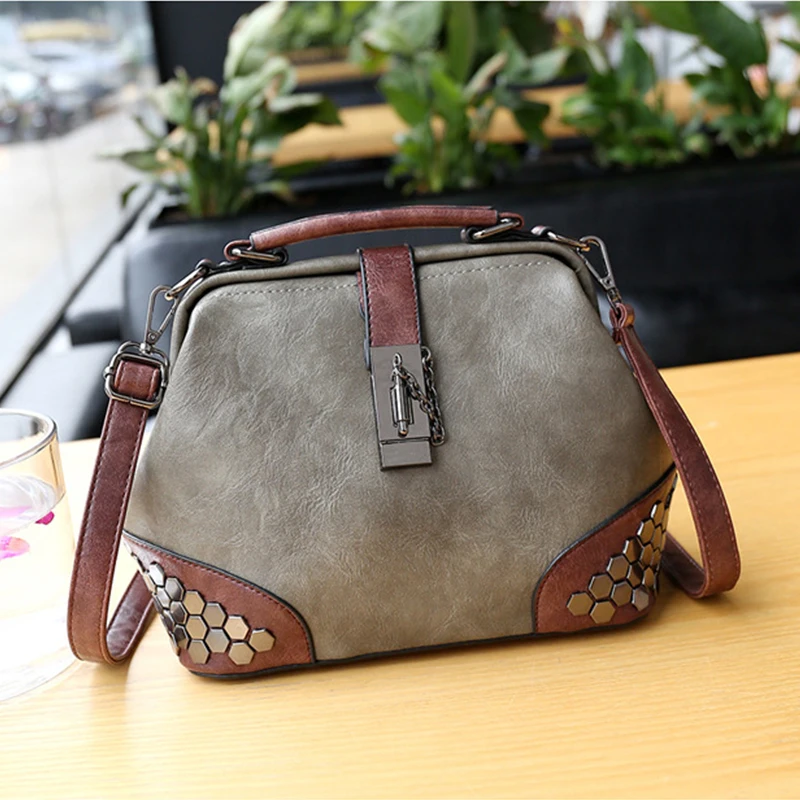 Women Handbag Leather Small Doctor Bag Women Shoulder Bag Female Crossbody Handbag Lock Chain Rivets Girls Vintage Women Bags