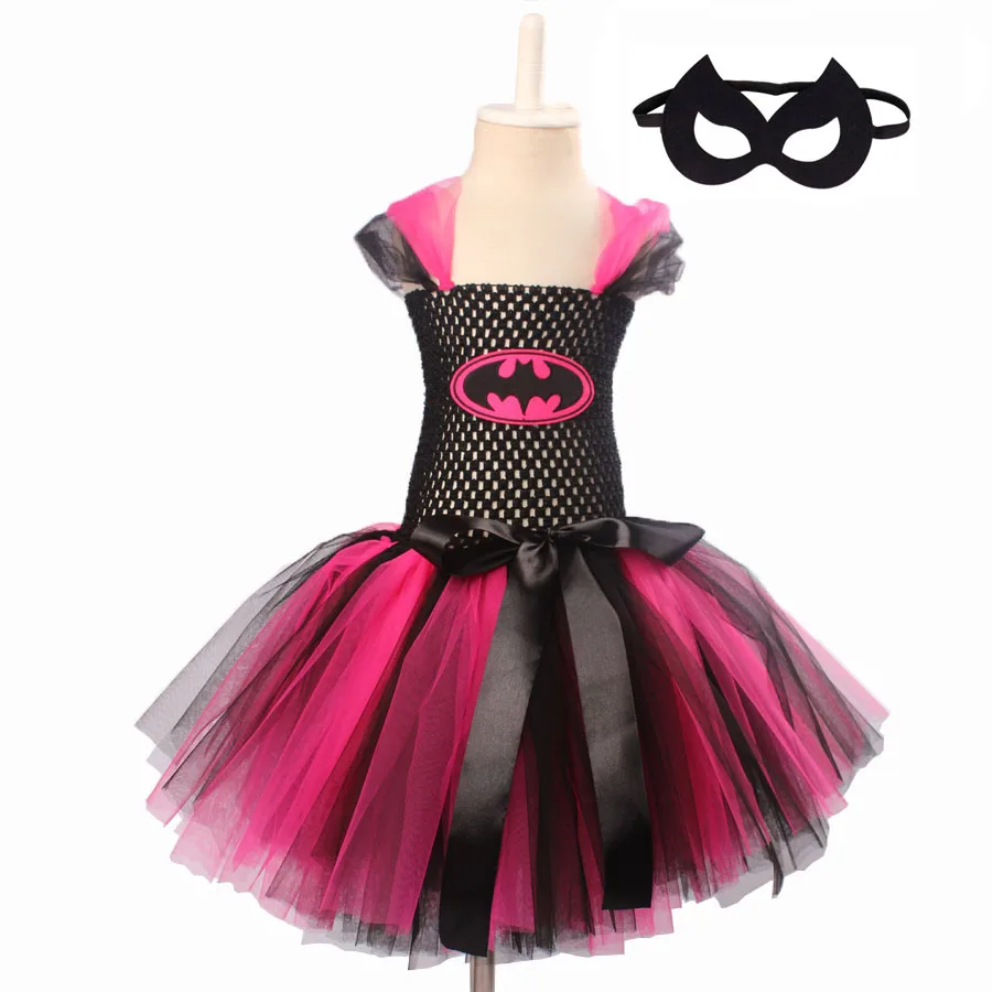 Ksummeree/ярко-розовое платье-пачка с Бэтменом для девочек; маска супергероя; детское платье для косплея; костюм на Хэллоуин; платья