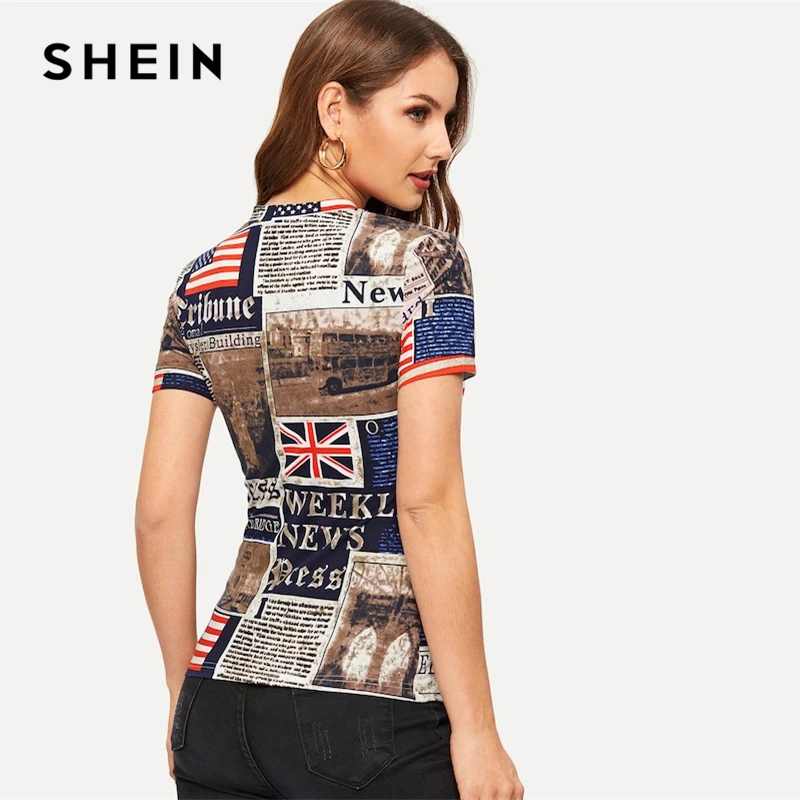 SHEIN متعدد الألوان Highstreet صحيفة إلكتروني طباعة شكل تركيب قصيرة الأكمام المحملة 2019 الربيع عارضة المرأة الحديثة سيدة التي شيرت أعلى