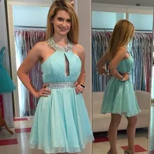 Heißer Verkauf Mint Green Short Chiffon Graduation Kleid Günstige Perlen und Pailletten Halter Mini Cocktailkleider