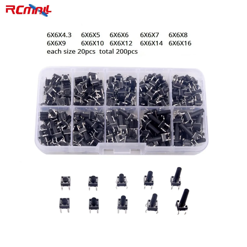 

RCmall 200PC 6*6 6X6 Tactile Push Button Switch Micro Momentary Tact Assortment Kit 10 Values FZ1713C