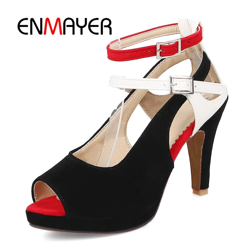 

ENMAYER Open toe Platform thin high heels Flock double buckle strap Patchwork Sandals Women Summer Dress Party Night Shoes CR196