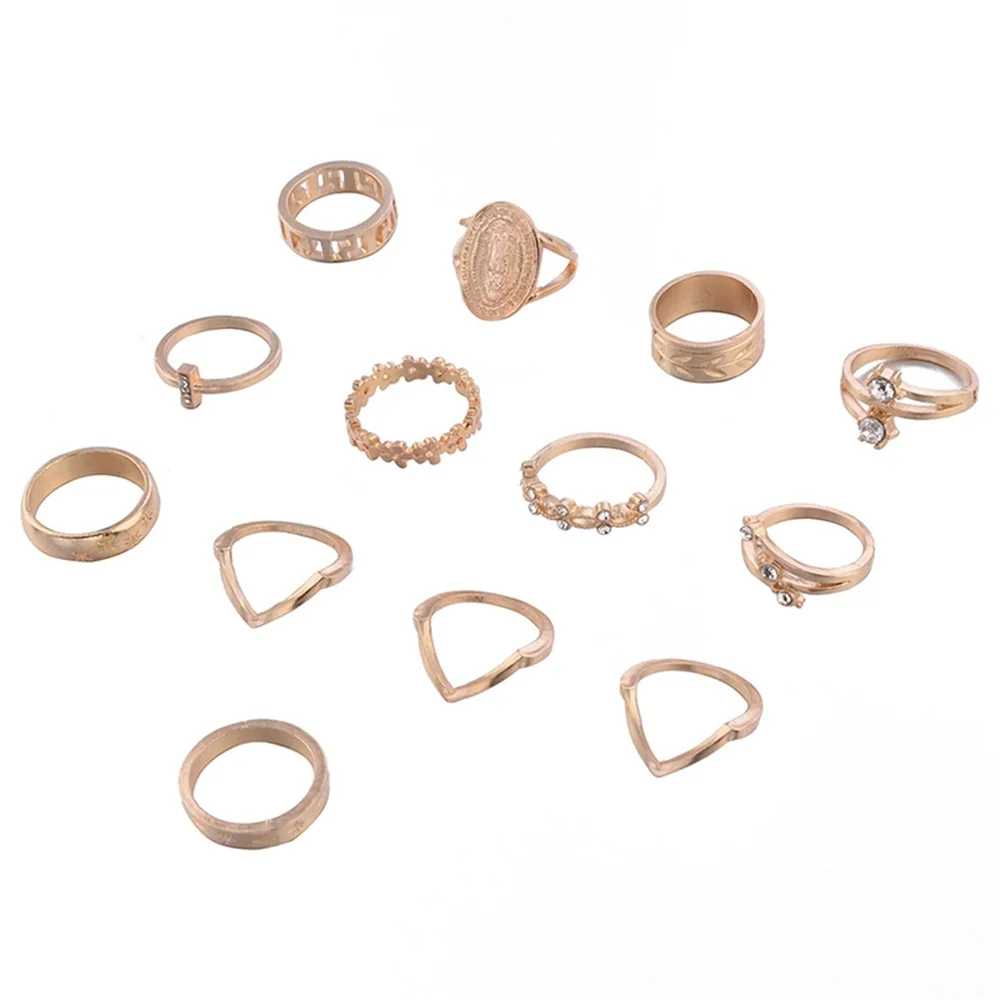 13-Pcs-Set-Boho-Virgin-Mary-Cross-Star-Flower-Leaves-Gem-Round-Gold-Joint-Ring-Set (2) - 