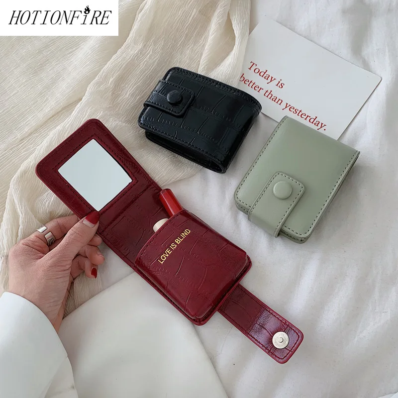 Portable Lipstick Box Environmental Protection Leather Portable Can Accommodate Two Pack  Lipstick Box with Mirror Cosmetic Bag