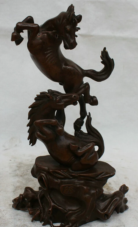

USPS to USA S2005 10" Chinese Bronze Folk Two Fengshui Zodiac Year Horse Battle Statue sculpture B0401