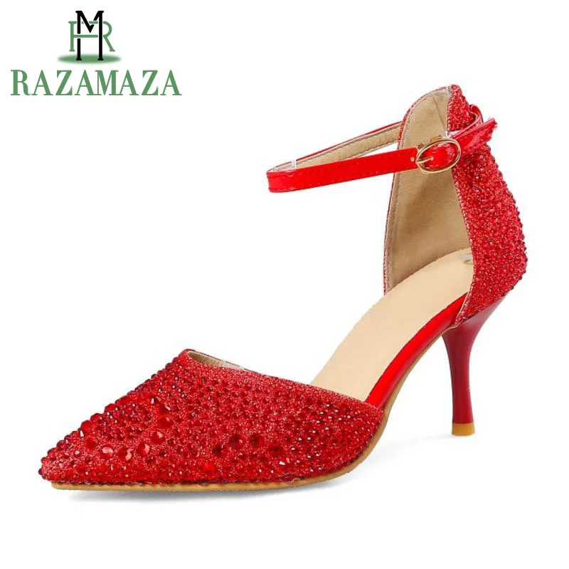 

ZALAVOR Size 34-45 Elegant Lady High Heel Sandals Bling Pointed Toe Shoes Ankle Strap Summer Sandals Wedding Club Footwear