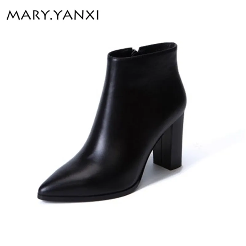 

Mary.Yanxi New Fashion Genuine Leather Ankle Boots High Heels Women Shoes Pointed Toe Zipper Boots Square Heels Shoes Big Size