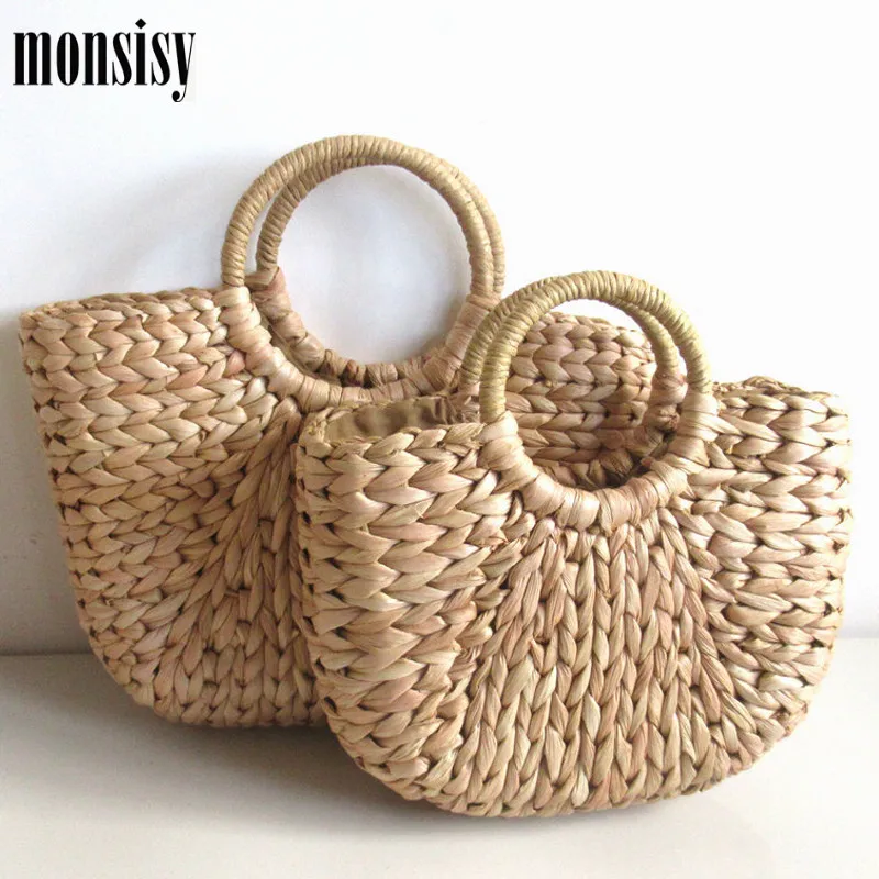 

Monsisy New Women's Straw Bag Female Big Travel Vacation Totes Handbag Summer Rattan Bag Ladies Handmade Woven Beach Bag Purses