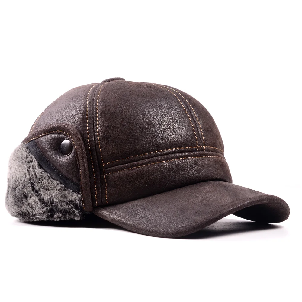 RY9100 Мужская зимняя шапка-бомбер из натуральной кожи и замши, мужская шапка из нубука с толстой головкой, теплая шапка с куполом, черная/коричневая шапка с шитьем