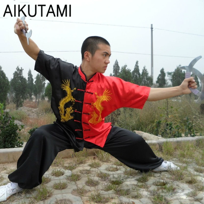 Китайская Униформа Wushu с драконом Тай Чи черный красный костюм свободная куртка и