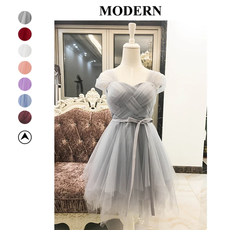 

Bridesmaid Dresses Short Gray Color Criss-cross Wedding Party Prom Dress Ball Gown Dress Plus Size Mini Empire Prom Dresses