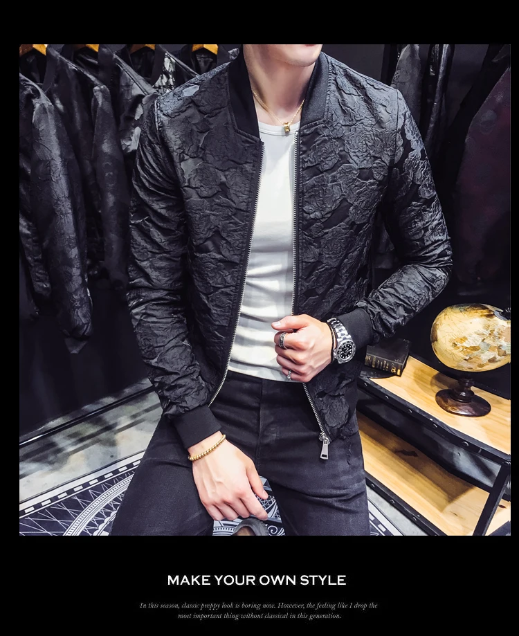 Куртка мужская мода 2019 уличная куртка-бомбер Осенняя приталенная темно-Цветочная мужская куртка повседневная куртка с воротником-стойкой