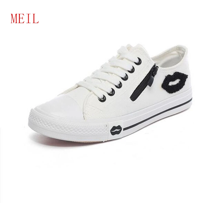 

Red Lips Zipper Canvas Womens Shoes Flats 2019 Lace Up Brand Flat Shoes Women Comfortable Walking Sneakers Zapatillas plataforma