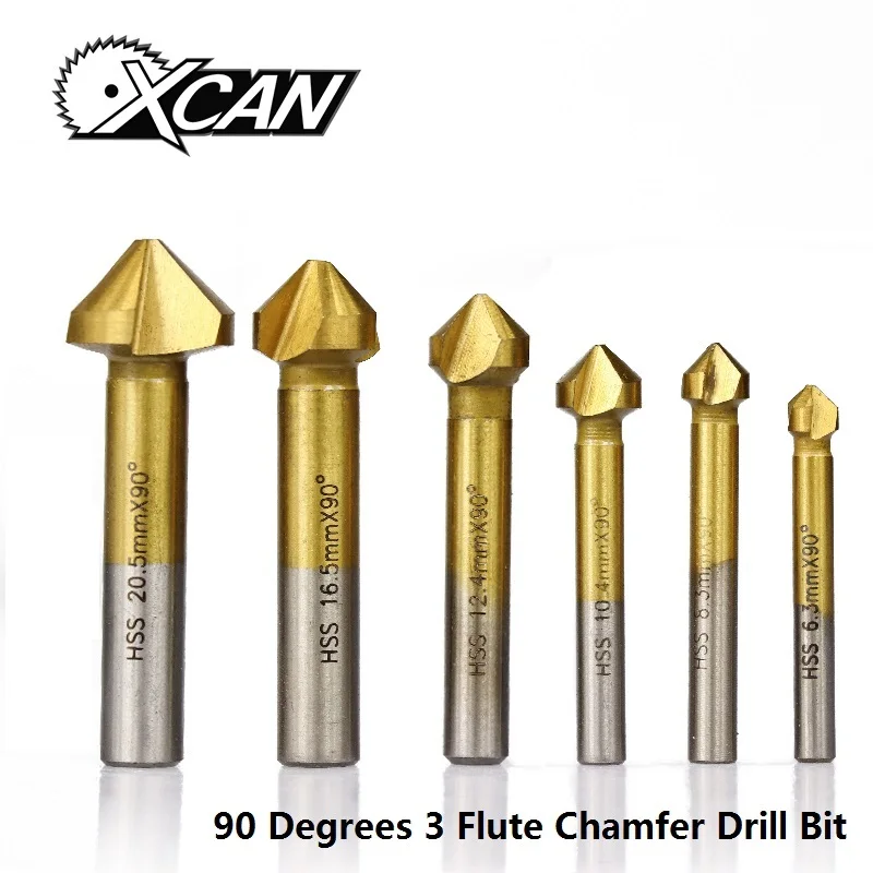 XCAN 6pcs 90 degree 3 Flute Chamfer Drill Bit HSS Chamfering End Mill Charmfer Cutter