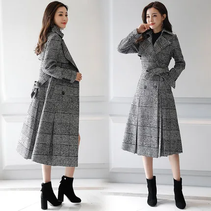 Осень и зима новые женские популярные модели модное тонкое Свободное длинное толстое клетчатое шерстяное пальто