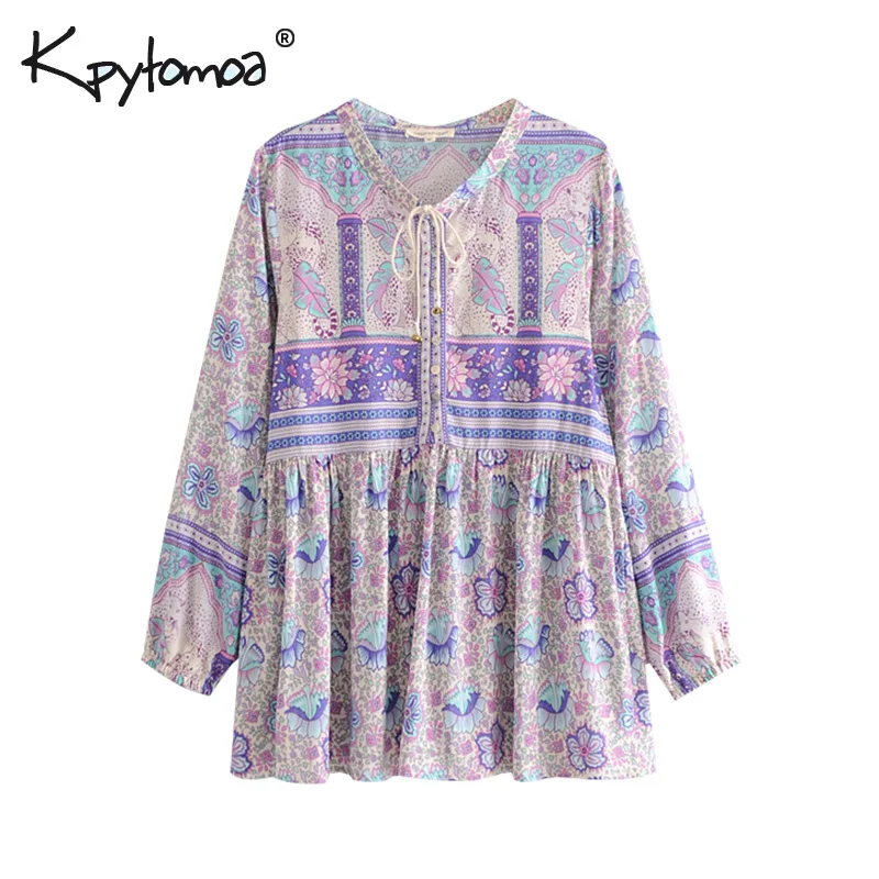 

Boho Chic Summer Tops Vintage Floral Print Pleated Blouses Women 2019 Fashion O Neck Long Sleeve Beach Shirts Blusas Mujer