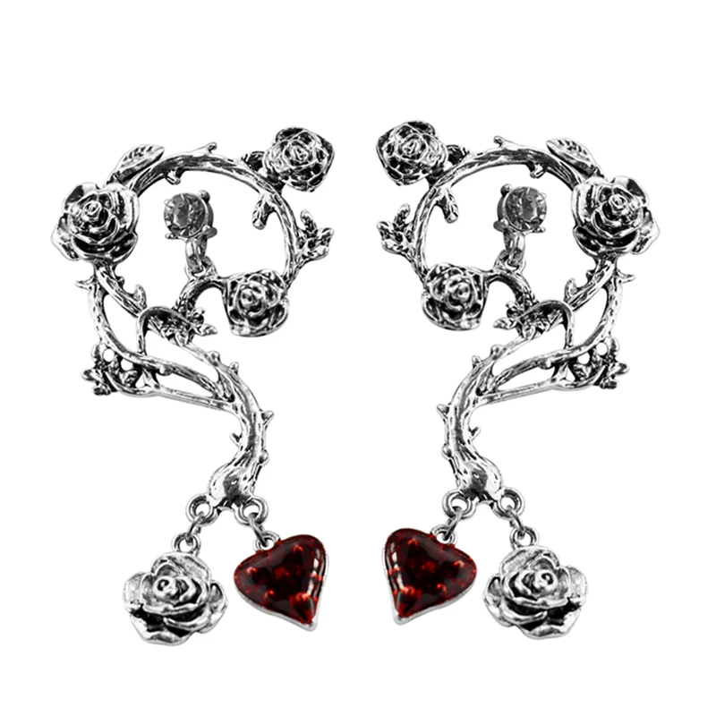 

Steampunk Ancient Silver Rose Earrings Vintage Plant Red Heart Crystal Earring for Women Wedding Jewelry Big Swing Earring
