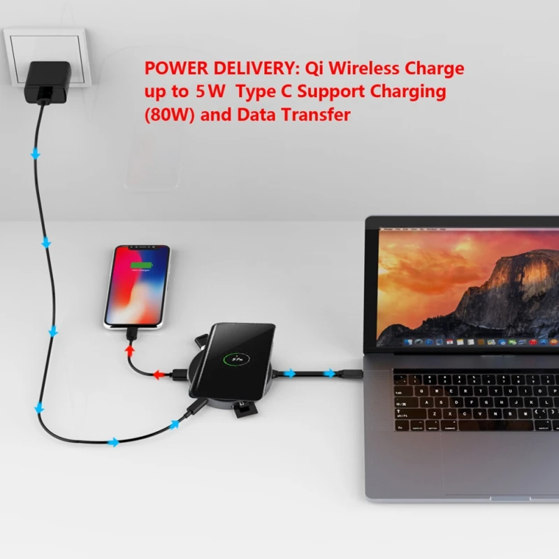 Мультифункция USB концентратор адаптер Портативный USB C концентратор адаптер 4K HDMI выход QI type-C Беспроводное зарядное устройство SD/TF кард-ридер