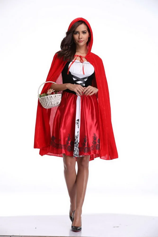 Adult Women Halloween Costume Little Red Riding Hooded Robe Lady Embroidery Dress Party Cloak