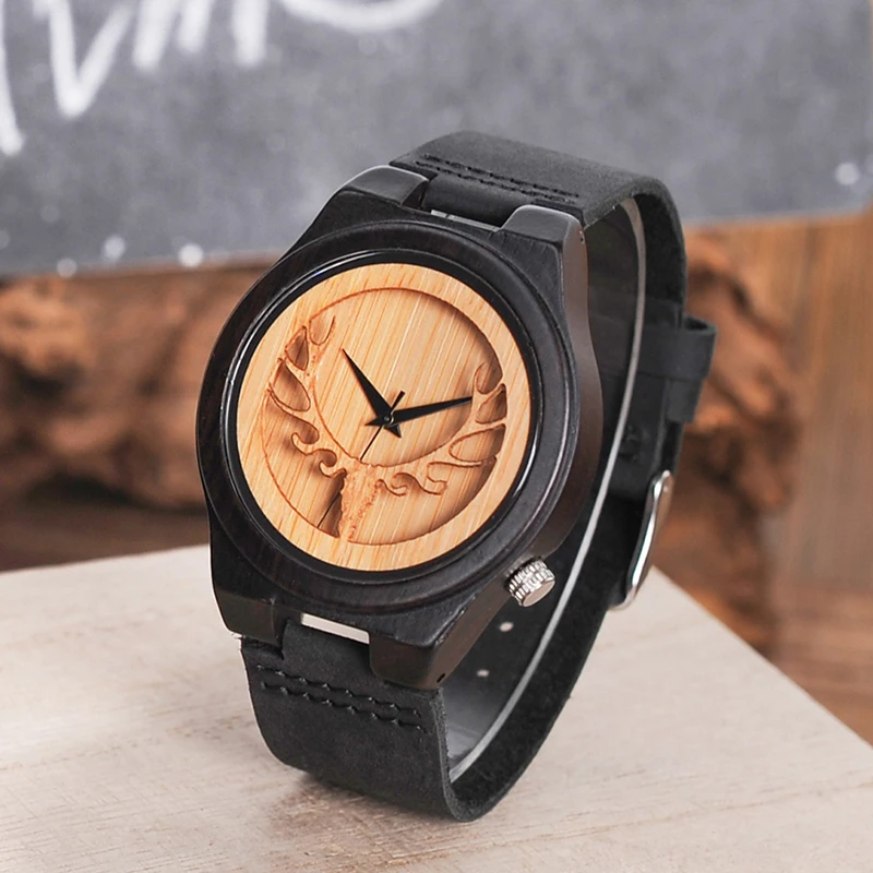 BOBO BIRD Men watches Deer Head Ebony Wooden Quartz WristWatch Mens Timepiece with Leather Band in Gift box erkek kol saati