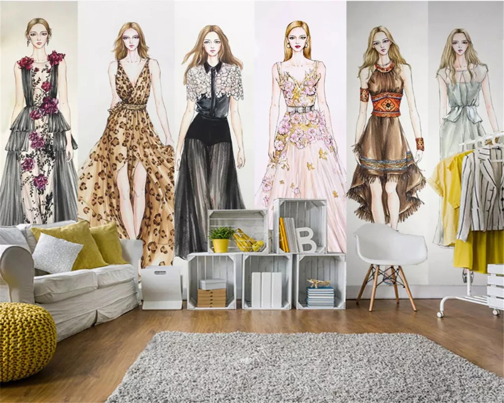 

beibehang Custom size wall papers home decor Modern fashion girl fits clothing store barber shop bedroom background wallpaper