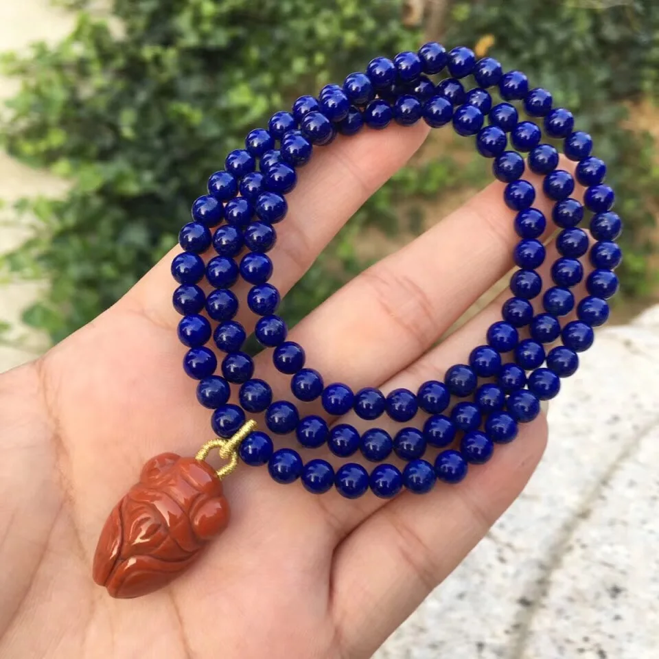 

5.3mm Natural Lapis Lazuli Gemstone 3 laps Bracelet Round Woman Bless Stretch Woman Beads Femme Crystal Necklace AAAAA