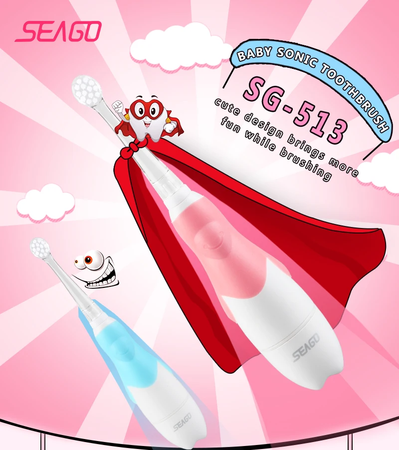 Seago Kids Electric Toothbrush Sonic Battery With Led Light Oral Hygiene 3 Pcs Brush Heads Dental Hygiene Replacement Sg513