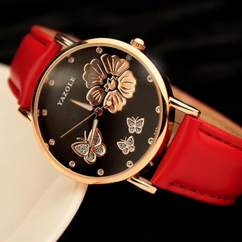 Лидирующий бренд YAZOLE модные часы с бабочкой из розового золота Женские часы Роскошные Стразы кварцевые часы Hour montre femme reloj mujer - Цвет: red 1