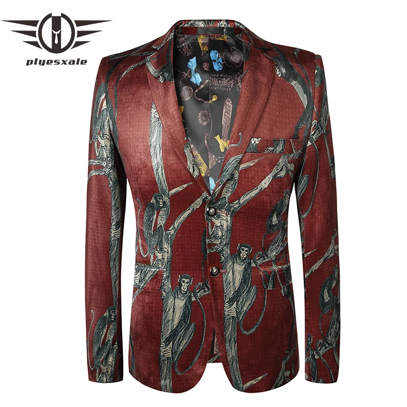 

Plyesxale Mens Velvet Blazer 4-5XL Mens Burgundy Blazer Cute Monkey Printed Blazer Jacket Americana Hombre Prom Stage Wear Q450