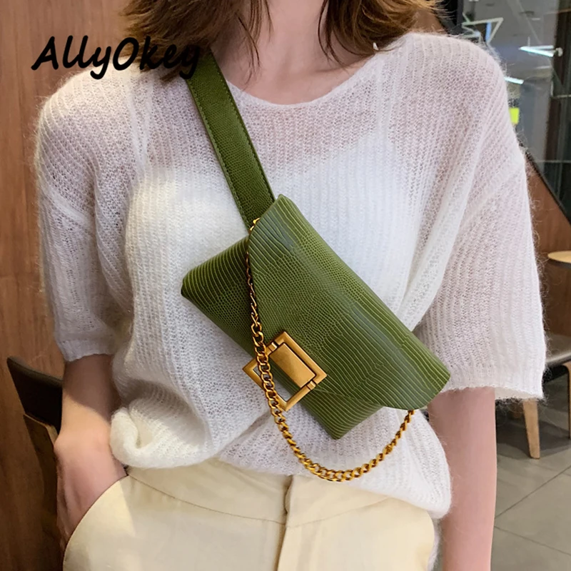 

Fanny Pack Fashion Waist Bag Women Leather Waist Pack Famous Brand Waist Belt Bags Chain Metal Buckle Square Phone Pocket N82