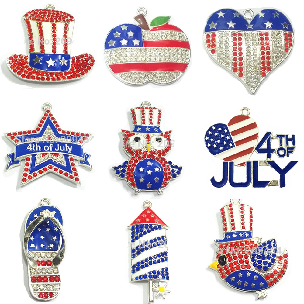 

( Choose Design First ) 10pcs/bag Zinc Alloy Rhinestone/Enamel Heart,Owl,Apple,Hat,Bird Pendant For 4th of July Jewelry Making