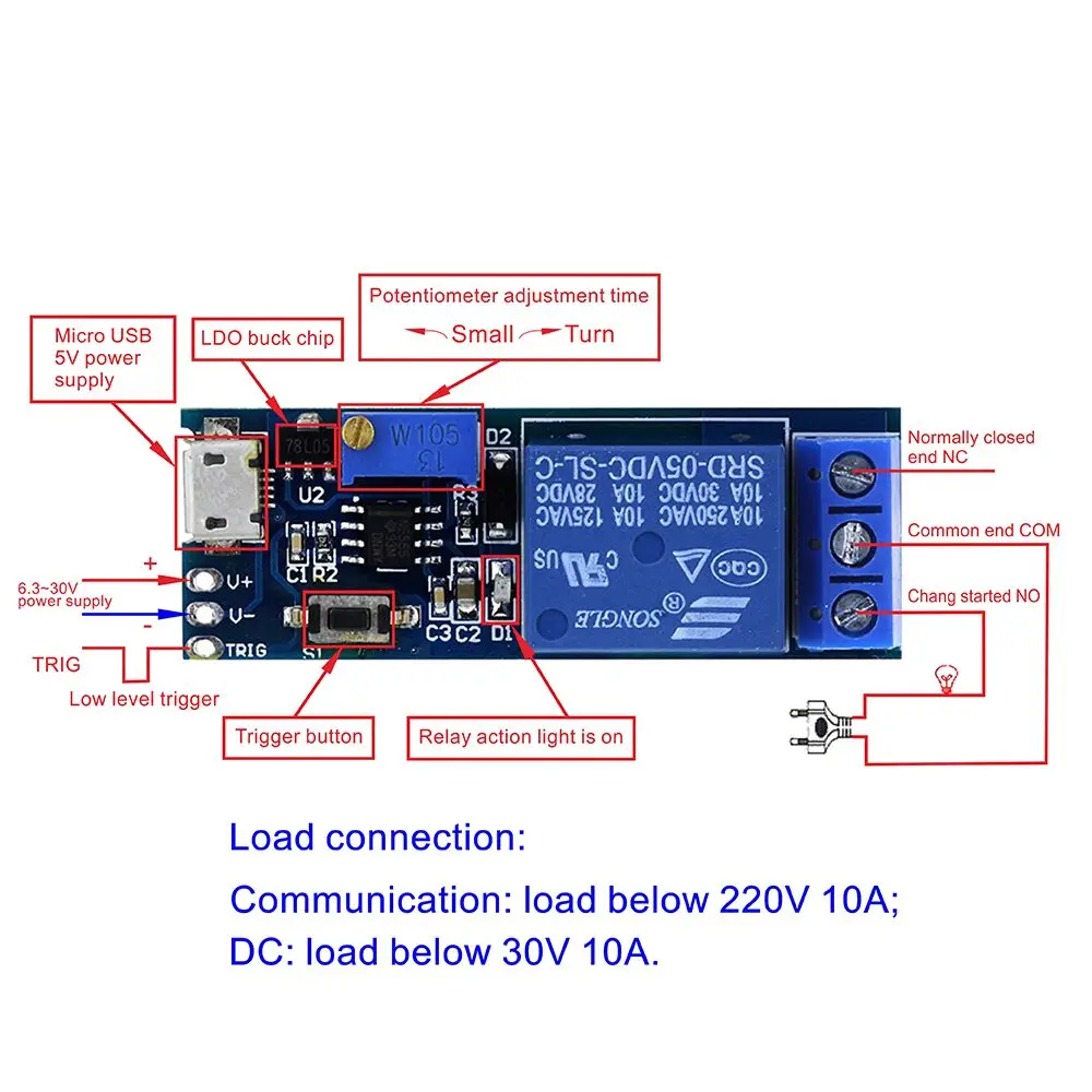 Eletrônica inteligente 5 V-30 V Micro USB Poder Ajustável Módulo de Controle do Interruptor de Atraso Trigger Atraso Relé Temporizador