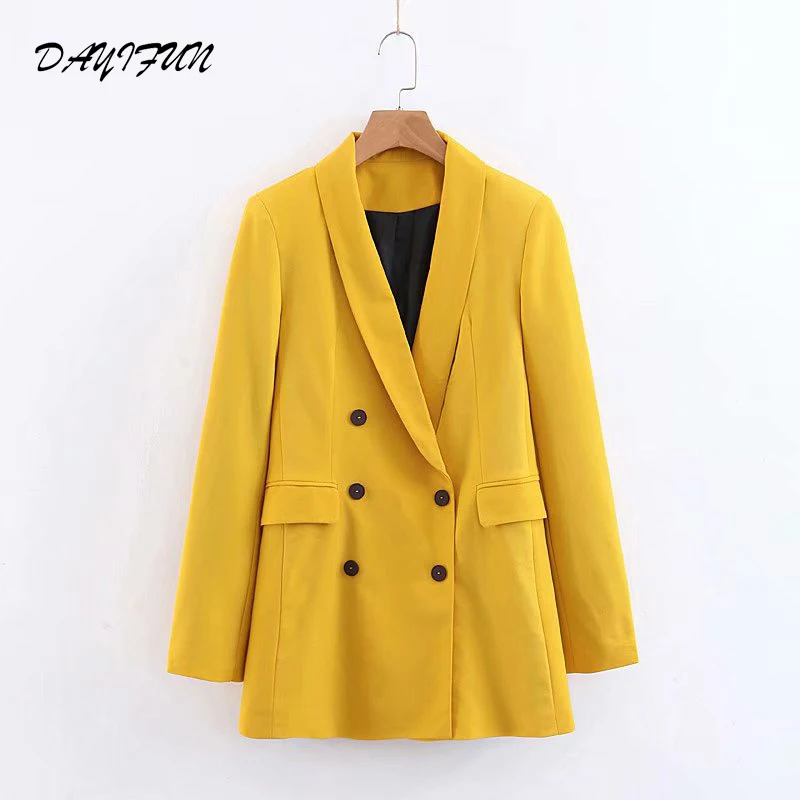 

DAYIFUN 2019 women new yellow blazer pockets double breasted long sleeve office wear coat solid female casual outerwear tops1834
