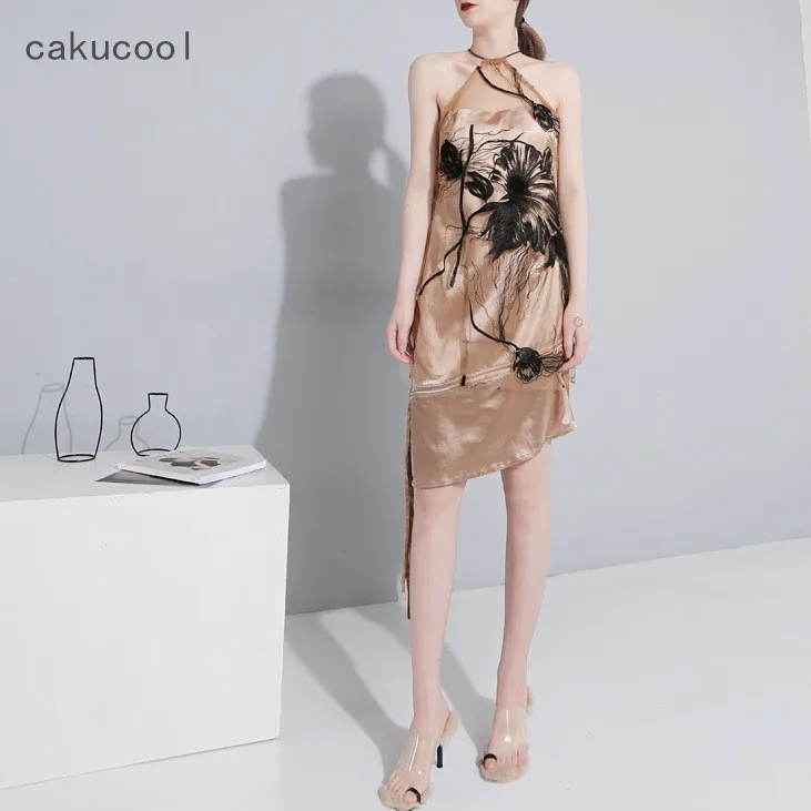 

Cakucool New Summer Sleeveless Dress Halter Neck See-through Mesh Floral Embroid Vestido Elegant Asymmetric Design Slim Sundress