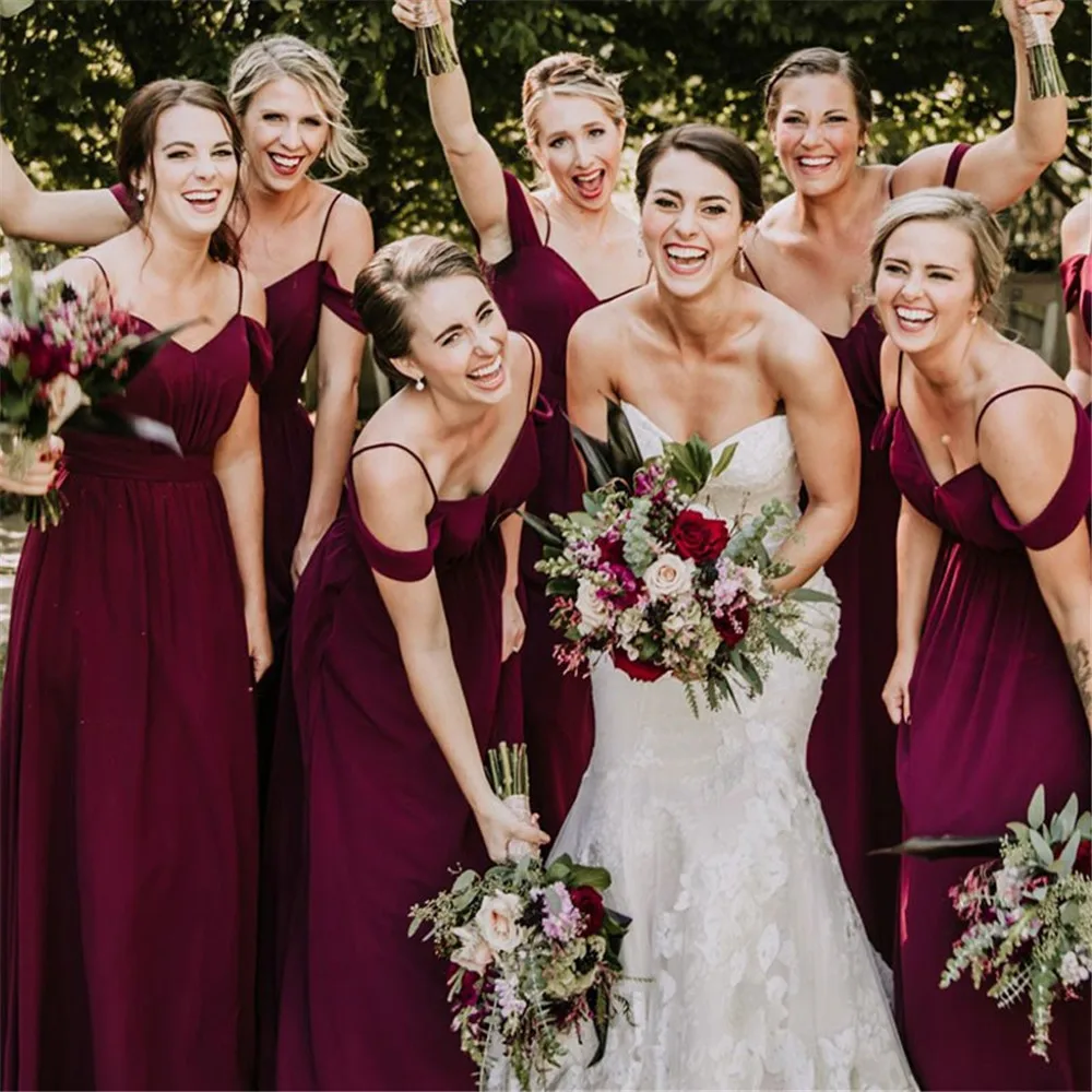 

2019 Elegant Purple Long Chiffon Bridesmaid Dresses Spaghetti Strap A Line Floor Length Cheap Wedding Guest Dress Custom Made
