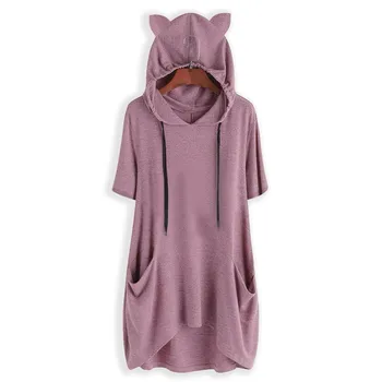

Hoodies Women 2020 Spring Summer Plus Size Tops Harajuku Short Sleeve Hooded Cat Ear Pocket Loose Sweatshirt #L10