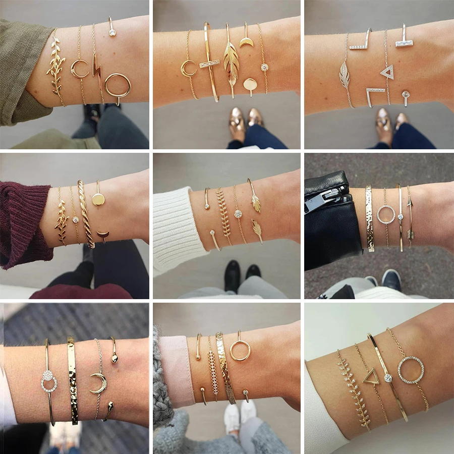 

HuaTang Arrow Moon Leaf Round Crystal Gold Bangles for Women Boho Adjustable Charm Bracelet Bangle Set Party Jewelry Pulseira