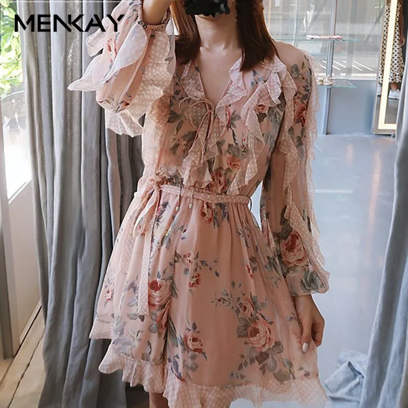 

[MENKAY] V Neck Ruffle Print Women Lantern Sleeve Summer Lace Up Boho Mini Jumpsuit Casual Elegant Chiffon Summer Jumpsuit
