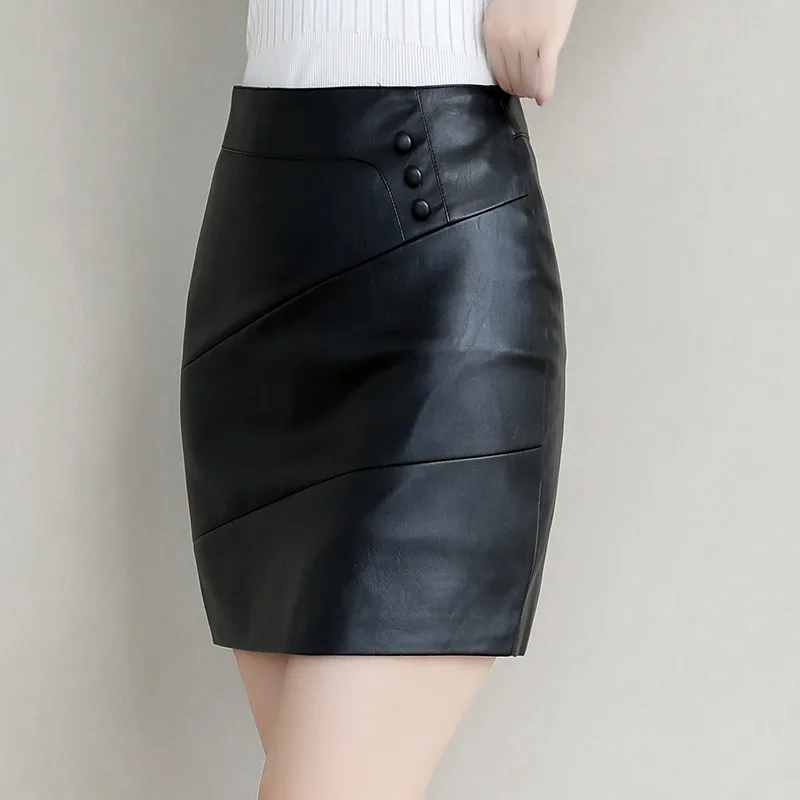 Винтажная элегантная однотонная женская юбка черного и красного цвета размера плюс 4XL кожаная юбка с высокой талией Женская зимняя мини-юбка-карандаш на пуговицах