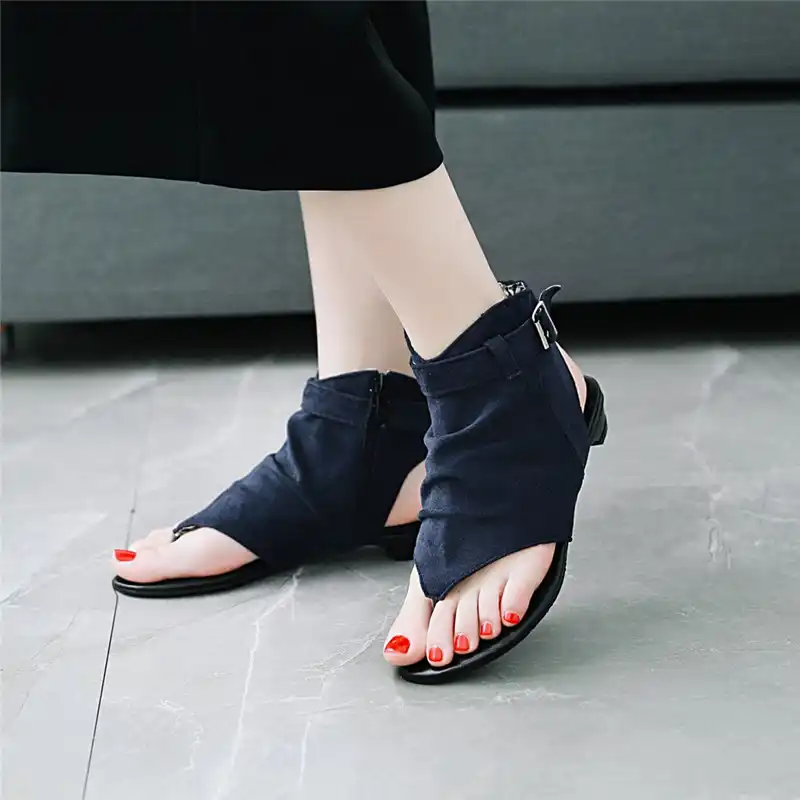 casual brass buckle low heel sandals plus size back zipper sandals