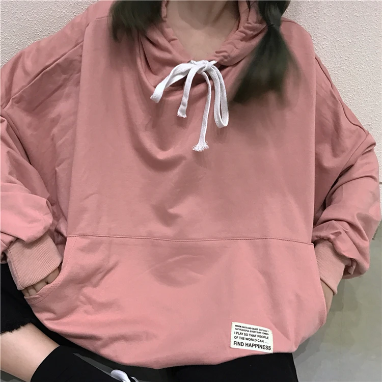 Толстовки Женские однотонные Kawaii Drawstring с капюшоном модные корейские с длинным рукавом женская одежда простая повседневная свободная