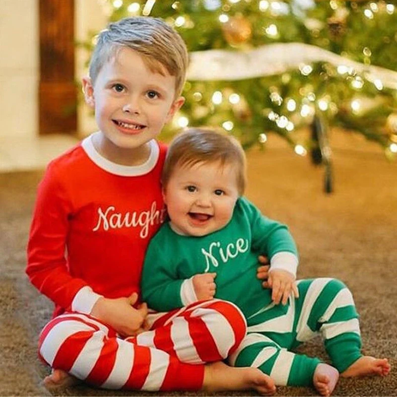Новые детские пижамы для девочек, зимние пижамы, детский пижама для мальчиков, рождественские пижамы в зеленую и белую полоску для малышей