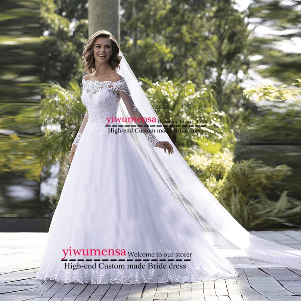 Robe Mariage свадебное платье трапециевидной формы с открытыми плечами пуговицы сзади Свадебные платья с аппликацией кружевное свадебное платье es Vestido De Novia