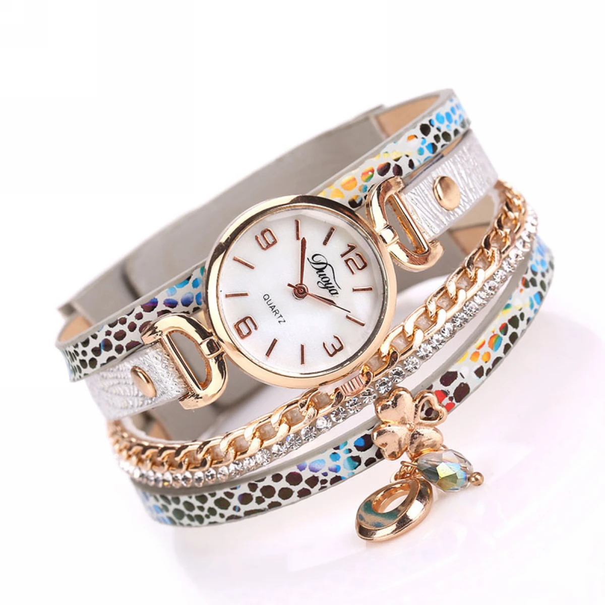 Women's Crystal Rhinestone Leopard Leather Chain Wrap Bracelet Wrist Watch