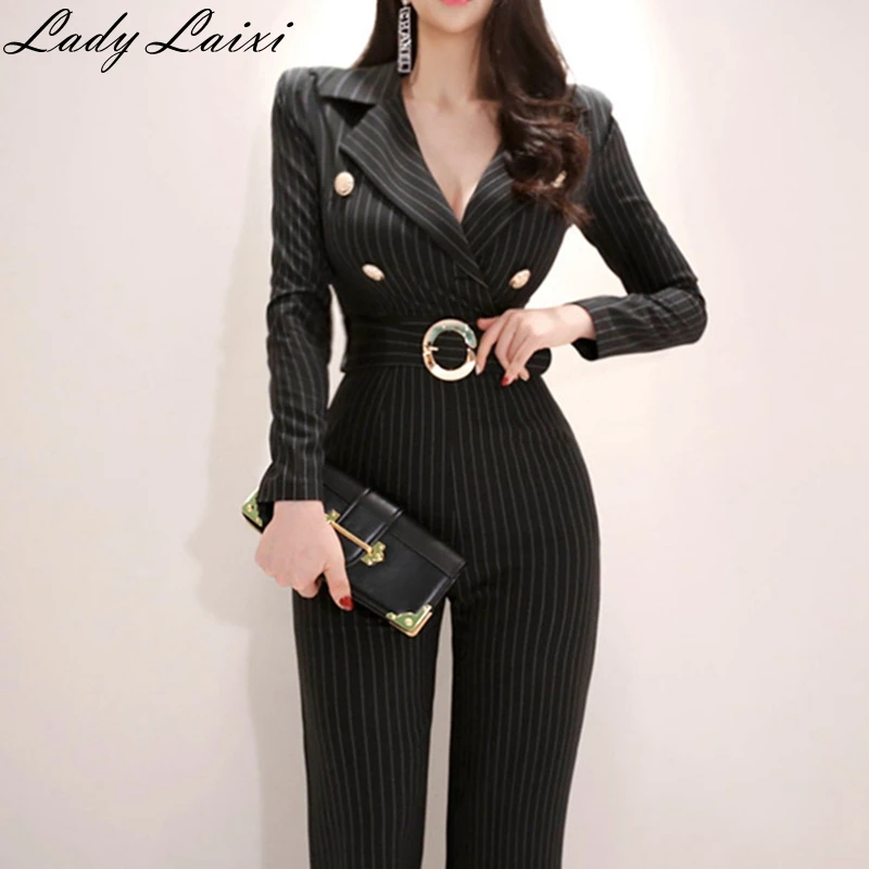 

Casual Stripe Jumpsuit 2019 Spring Elegant V neck Belted Jumpsuit Office Ladies Workwear Mid Waist Elegant Jumpsuits
