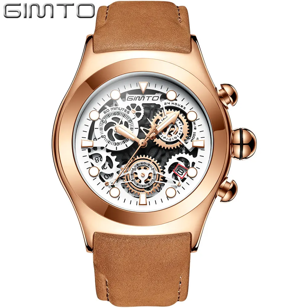 

GIMTO Luxury Quartz Watch Men New Gold Black Date Waterproof Wristwatch Leather Band Sport Military Male Watches Heren Relogio