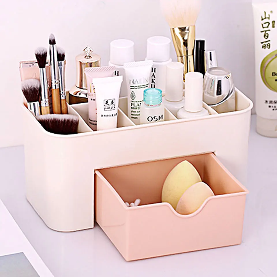 Plastic Makeup Organizer With Drawers Desktop Cosmetic Lipstick Brushes